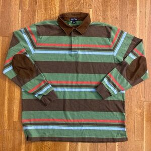 Lands’ End Rugby Polo Shirt Mens XL Striped Brown Corduroy Collar-Elbow Patches